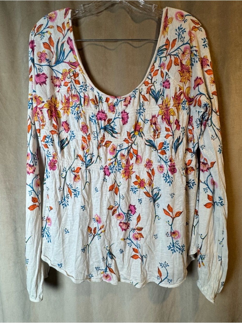 Free People White Floral Scoop-Neck Long Sleeve Top ‎ Pink Orange Blooms Fairy M